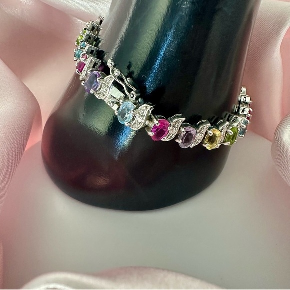 Sterling Silver Multi-Gemstone Tennis Bracelet – Oval Cut Sparkle, 7.5" - Picture 3 of 13